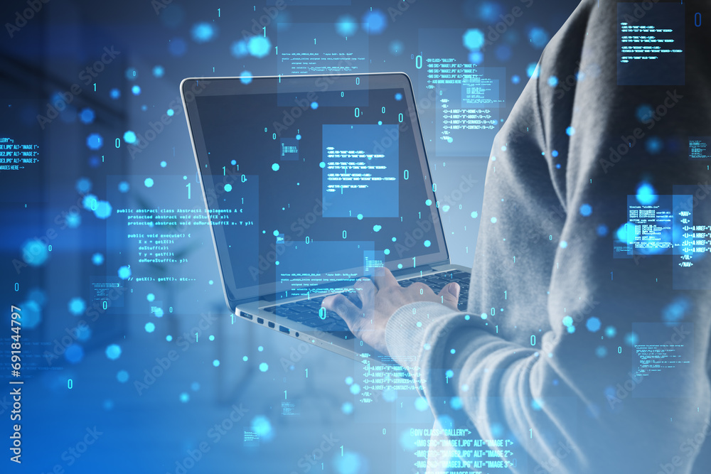 Poster Close up of hacker hands using laptop with creative binary coding hologram on blurry background. Software programming code and hacking. Double exposure.