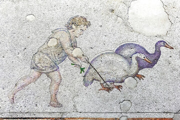 Child with geese, ancient mosaic from Istanbul. Byzantine period, fragment of floor