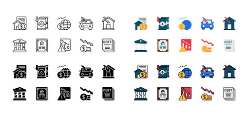 Debt Crisis Icon Set, set of bankruptcy, Monetary Crisis, Fiscal,  Public Debt and more. Outline, flat, filled line, glyph solid