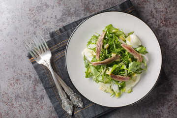 Serving of salad of arugula, fennel, anchovies, red onions and preserved lemons close-up in a plate...