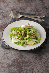 Fresh salad of arugula, fennel, anchovies, red onions and preserved lemons close-up in a plate on the table. Vertical