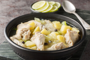 Bahamian stew with chicken wings, potatoes, celery, lime and spices in a clear broth close-up in a...