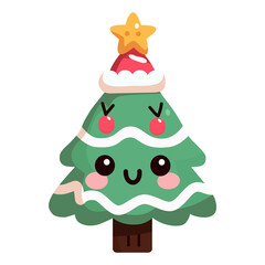 cute winter Christmas tree decorated with Santa top hat, ball and star in cartoon flat style. Merry Christmas and Happy New Year. Vector illustration isolated.