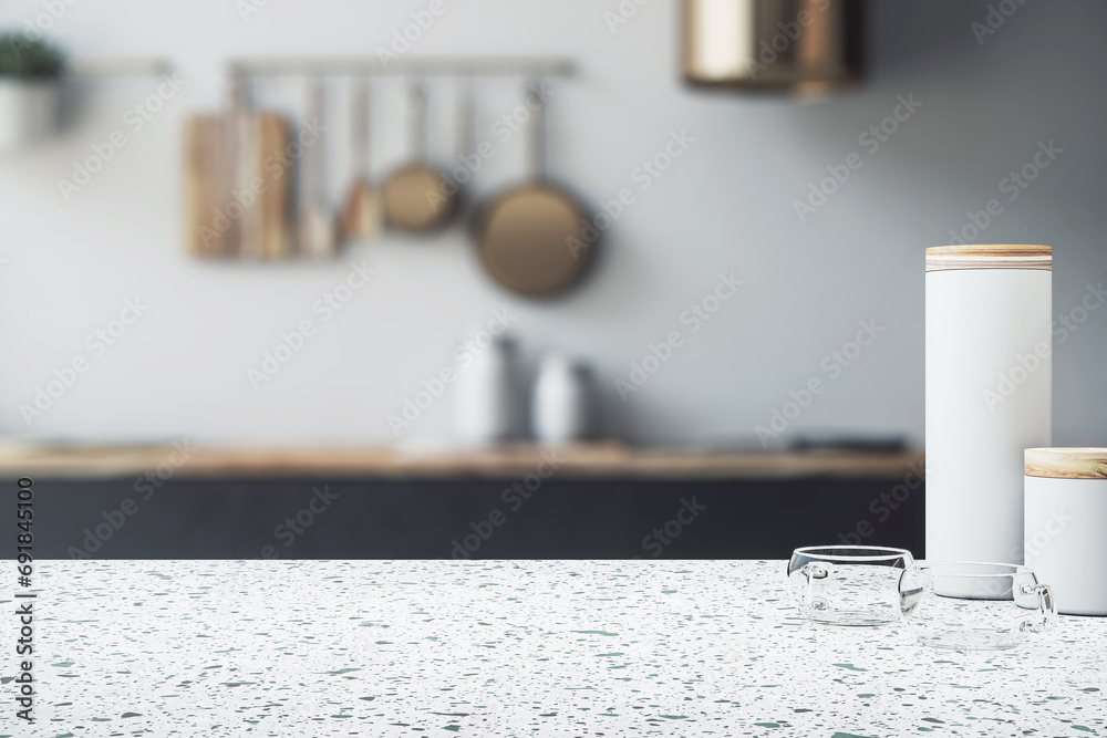 Poster elegant kitchen with marble tabletop and blurred background. clean design showcase. 3d rendering