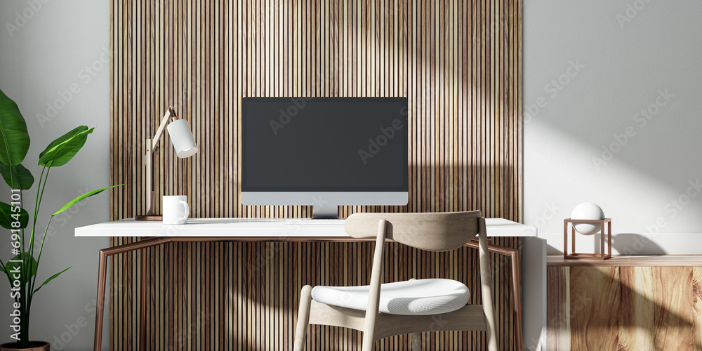 Poster Modern designer office interior with empty computer monitor, lamp and other items. Decorative wooden background. Mock up, 3D Rendering.