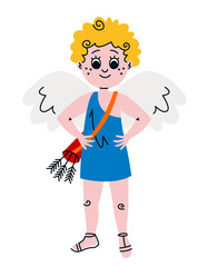 Standing cupid front view. Cute character in doodle style.