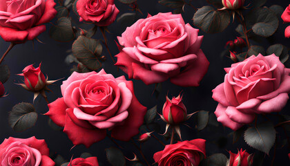 Natural red and pink roses on dark background. Valentine's Day Celebration, Birthday, Mother's Day