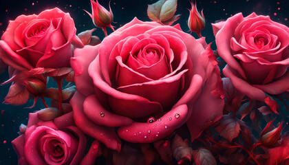 Natural red and pink roses on dark background. Valentine's Day Celebration, Birthday, Mother's Day