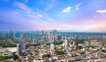 Colombia, scenic view of Cartagena cityscape modern skyline, hotels and ocean bay of Bocagrande