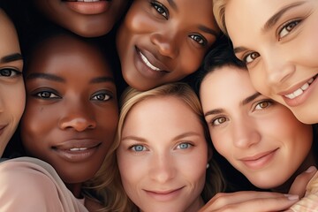 Girlfriends. A group of travelers. Interracial friendship. International language camp. Spring break. Vacation. Happy, smiling women of different races and ethnicities. Black and Caucasian ladies. Joy