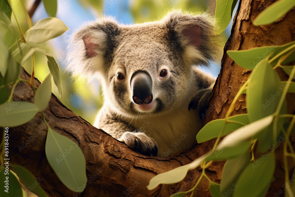 Poster a contented koala nestled in the crook of a eucalyptus tree, munching on leaves in a state of bliss.