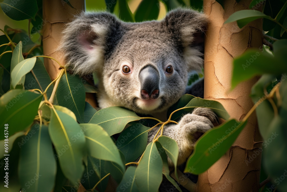 Poster a contented koala nestled in the crook of a eucalyptus tree, munching on leaves in a state of bliss.