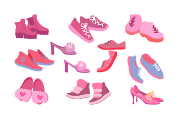 Stylish womens shoes. Pink sneakers. Dressy high heels. Boots with thick soles. Soft slippers. Vector illustration