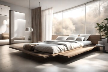 Fototapeta na wymiar A minimalist bedroom featuring a sleek platform bed, clean lines, and neutral colors that create a serene atmosphere.