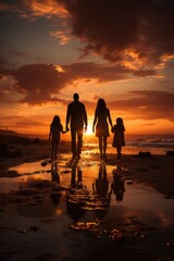 Fototapeta premium Loving multi-generation family, silhouetted against a stunning sunset on a beach, Generative AI