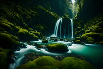 A mesmerizing view capturing a cascade of water flowing gracefully amidst vibrant, moss-covered...