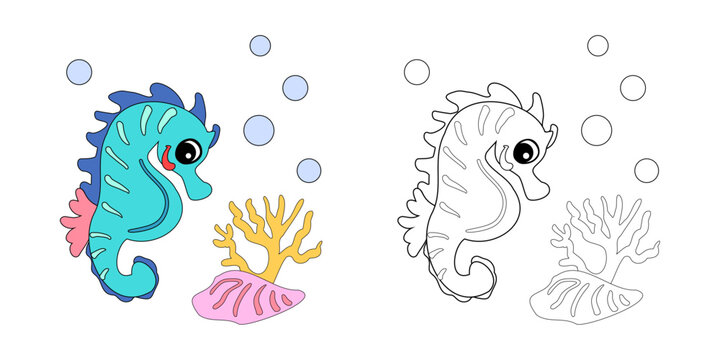 Seahorse with shells, bubbles and algae in the ocean. For posters, prints on clothes. Vector