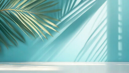 Fototapeta na wymiar Blurred shadow from palm leaves on the light blue wall. Minimal abstract background for product presentation. Spring and summer.