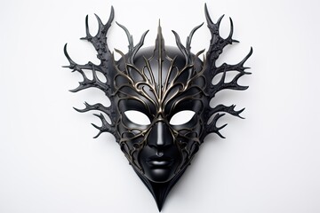 Black horned leather mask on white background. Enigmatical, mysterious symbolism. A theatrical mask. Costume of a theatre actor. Scenic. Theater. Artisan. Anonym. Theatre. Scary. Sacrifice. Fairy tale - obrazy, fototapety, plakaty