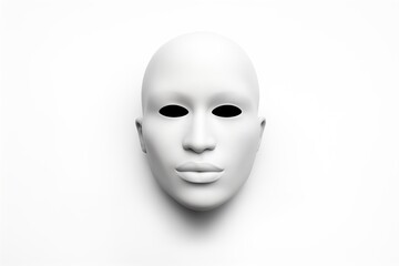Eerie. 3d mask on a white background, isolated. White face, black yes. Paranoid vibes. Emotionless. Sleek. Design. Horror. Theater. Scary. Role. Riddle. Carnival. Acting. Disguise. Theatrical. Render
