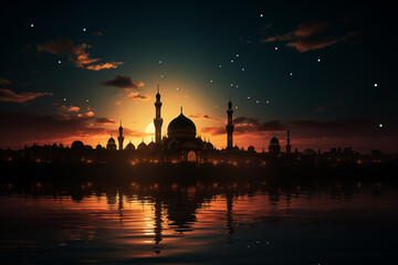 Obraz premium minimalist silhouette of a mosque against the backdrop of a crescent moon, creating a tranquil and spiritual scene for Ramadan, cinematic photo