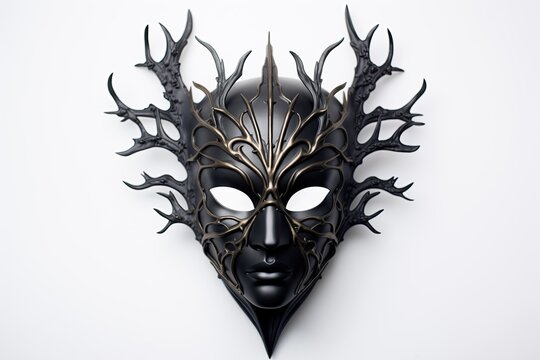 Black horned leather mask on white background. Enigmatical, mysterious symbolism. A theatrical mask. Costume of a theatre actor. Scenic. Theater. Artisan. Anonym. Theatre. Scary. Sacrifice. Fairy tale