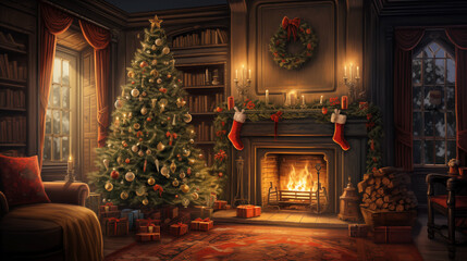 Fototapeta premium Christmas decorations in the cozy living room with fireplace for Xmas. Vintage style. Digital art