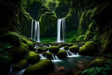 A cascading waterfall surrounded by dense, green peaks, offering a serene and picturesque view.