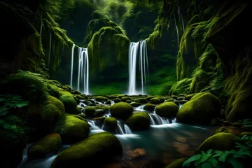 Fotobehang A cascading waterfall surrounded by dense, green peaks, offering a serene and picturesque view. © LOVE ALLAH LOVE