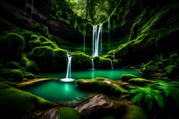 A tranquil oasis with waterfalls merging into emerald pools, surrounded by dense, vibrant green peaks.