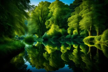 A tranquil riverside scene with lush greenery, reflections dancing on the water's surface under a clear, blue sky.