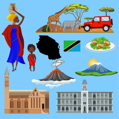 Set of Tanzania illustrations. Map, national clothes, flag, people, food, architecture, attractions of Tanzania. Vector