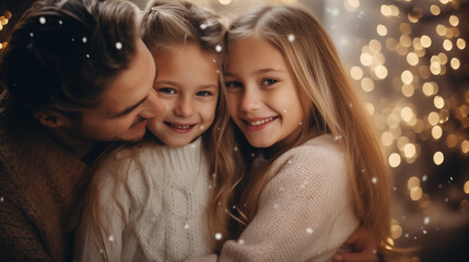 Obraz na płótnie Canvas The family celebrates the christmas holidays the family hugging. Christmas concept. Holidays, celebration and people concept.