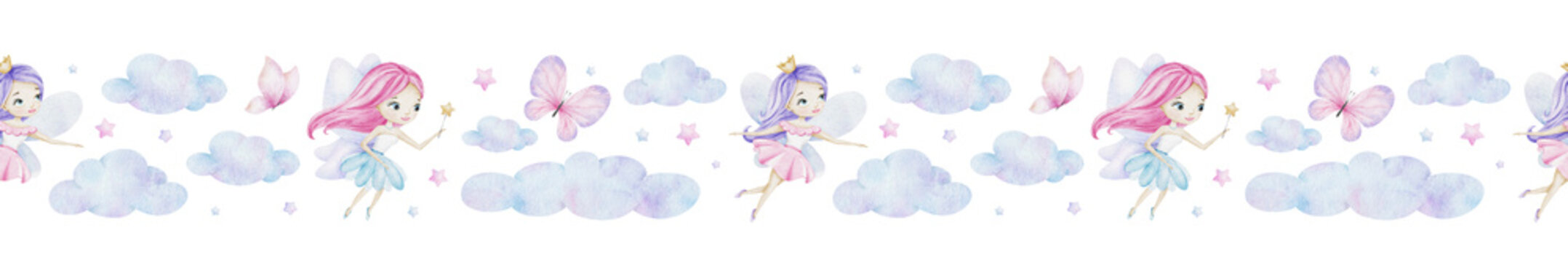 Cute little fairy with magic wand, stars, clouds and butterflies. Watercolor seamless border for children's goods, clothes, postcards, baby shower and nursery, fabric