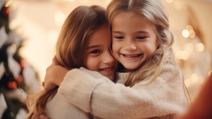 Fototapeta premium Two girls are hugging at a christmas party. Christmas concept. Holidays, celebration and people concept.