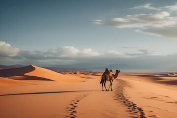 sand dunes, a lonely caravan of camels, and a wide desert environment.