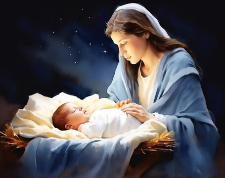 Watercolor painting of Mary hugging baby Jesus, Son of God, Christmas nativity scene