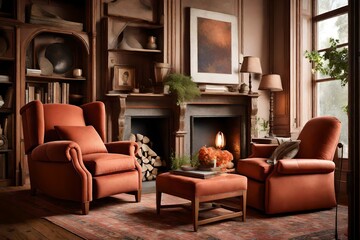 A plush terracotta-colored recliner positioned near a cozy fireplace.