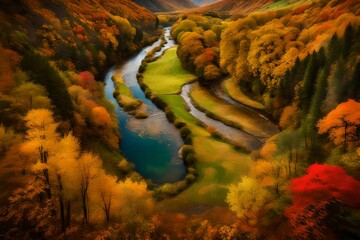 A meandering river carving its way through a lush valley blanketed in vibrant autumn foliage.