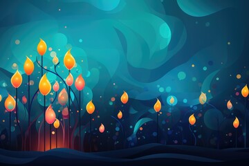 Night forest background with tree and fire. Abstract blue background with candles for candlemas or epiphany season. - obrazy, fototapety, plakaty