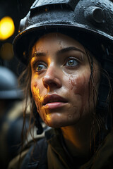 young female firefighter rescue team member wearing uniform with eyes full of tears, tired