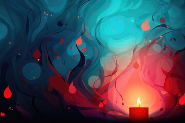 Burning candle on abstract background. Abstract blue background with candles for candlemas or epiphany season.  - obrazy, fototapety, plakaty