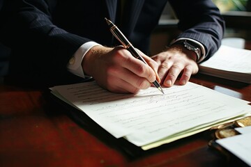 Hand of a business man without a face, writing pen for writing on one of the sheets, - obrazy, fototapety, plakaty