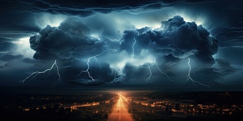 A stormy journey on a dark highway, lightning illuminates the dramatic landscape.