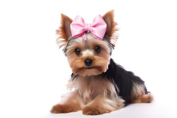 A cute Yorkshire Terrier puppy with a bow, featuring a white background and showcasing its brown and black fur.