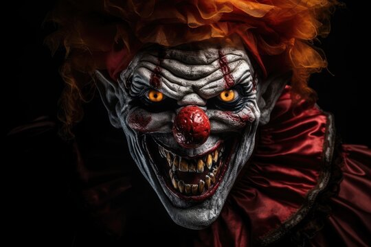 An evil clown with a frightening smile and creepy makeup, embodying the spirit of Halloween horror.