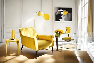 A sunny yellow armchair paired with a contemporary glass side table.