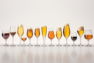 Variants of different types of beer in glasses on a white background - obrazy, fototapety, plakaty