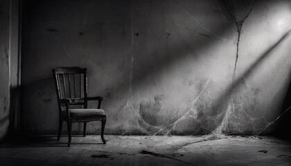 An old empty chair in a dark empty abandoned room covered in dust and cobwebs with light shining from outside the windows