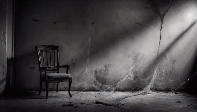 An old empty chair in a dark empty abandoned room covered in dust and cobwebs with light shining from outside the windows